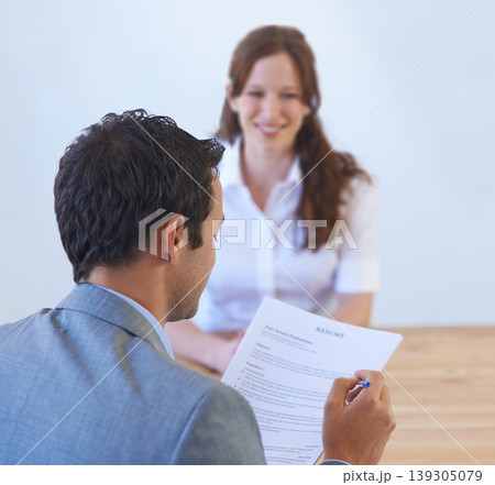 Business people, job interview and resume, documents or CV for human resources, recruitment or hiring process. Professional man or employer reading application, employee review or paper in a meeting Business people, job interview and resume, documents or CV for human resources, recruitment or hiring process. Professional man or employer reading application, employee review or paper in a meeting 139305079
