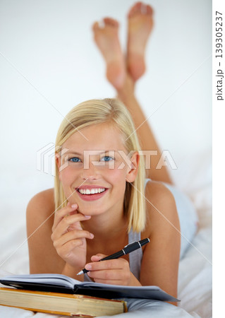 Portrait, home and woman with a smile, writing and relax with ideas, creativity and planning. Face, bedroom or girl with a diary, thinking or person with a pen, apartment or brainstorming with a book Portrait, home and woman with a smile, writing and relax with ideas, creativity and planning. Face, bedroom or girl with a diary, thinking or person with a pen, apartment or brainstorming with a book 139305237