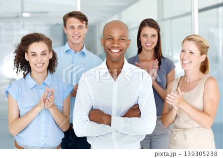 Portrait, team and applause for success of black man, congratulations and celebrate. Face, happy business group clapping for goal achievement and target, winner or audience support with arms crossed Portrait, team and applause for success of black man, congratulations and celebrate. Face, happy business group clapping for goal achievement and target, winner or audience support with arms crossed 139305238