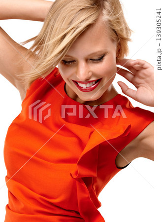 Happy woman, fashion or dancing in studio for freedom, party celebration or winning a competition. Smile, lipstick or excited female model with energy, music or dress for success on white background Happy woman, fashion or dancing in studio for freedom, party celebration or winning a competition. Smile, lipstick or excited female model with energy, music or dress for success on white background 139305241