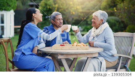 Nurse, tea or people cheers in elderly care, retirement or healthcare support at park or nature. Caregiver, senior man or old woman with coffee toast, meal or outdoor snack together for wellness 139305304