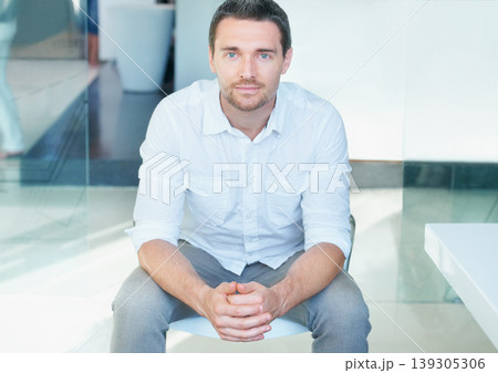 Portrait, businessman and alone for sitting in modern office with hands together for idea. Entrepreneur, creative and startup for career, occupation or writer in New York with vision for inspiration Portrait, businessman and alone for sitting in modern office with hands together for idea. Entrepreneur, creative and startup for career, occupation or writer in New York with vision for inspiration 139305306
