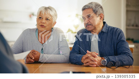 Senior couple, documents and listening to lawyer for retirement plan, finance or investment at home. Mature man and woman with attorney for budget planning, paperwork or legal agreement together Senior couple, documents and listening to lawyer for retirement plan, finance or investment at home. Mature man and woman with attorney for budget planning, paperwork or legal agreement together 139305335