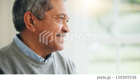 Senior man, smile and wellness in home for confident, pride to enjoy retirement with peace. Mature person, happy and face of gratitude for trust, positive and satisfaction to relax in nursing house 139305536