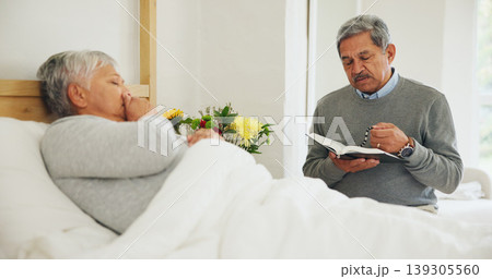 Woman, bed and illness or person prayer for wellbeing on bible or rosary for god hope, belief for help. Mexican couple, sick wife and man book for religion support or faith worship, health or miracle Woman, bed and illness or person prayer for wellbeing on bible or rosary for god hope, belief for help. Mexican couple, sick wife and man book for religion support or faith worship, health or miracle 139305560