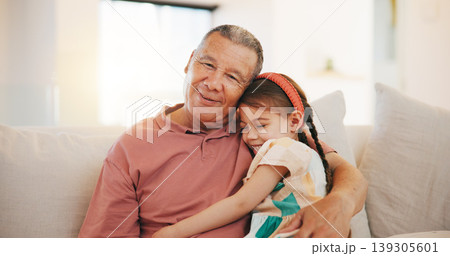 Apartment, portrait and hug with grandfather, girl and happiness with weekend break, relax and bonding together. Old man, senior person and child with joy, embrace and support with love, home and kid Apartment, portrait and hug with grandfather, girl and happiness with weekend break, relax and bonding together. Old man, senior person and child with joy, embrace and support with love, home and kid 139305601