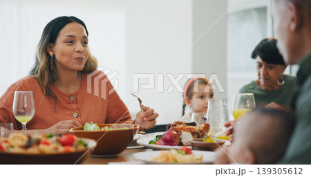 Family home, woman and thanksgiving with eating, food and talk with kid, plate and dish for festive celebration. People, conversation and together in dining room, house and child at holiday brunch Family home, woman and thanksgiving with eating, food and talk with kid, plate and dish for festive celebration. People, conversation and together in dining room, house and child at holiday brunch 139305612