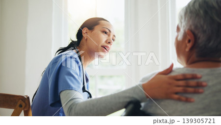 Woman, nurse and senior in wheelchair for support, elderly care or trust at old age home. Medical doctor or caregiver listening to person with a disability or consulting for health advice or help 139305721