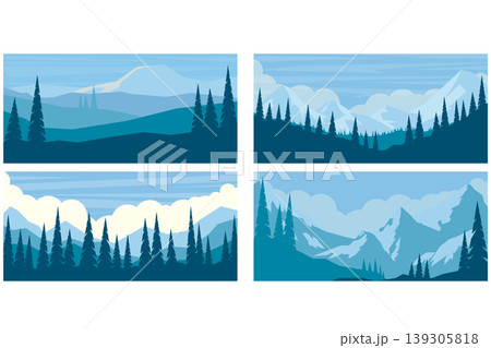 A collection of four flat vector landscapes featuring blue mountain ranges, layered hills, and silhouettes of pine forests under a cloudy sky in a minimalist style. A collection of four flat vector landscapes featuring blue mountain ranges, layered hills, and silhouettes of pine forests under a cloudy sky in a minimalist style. 139305818