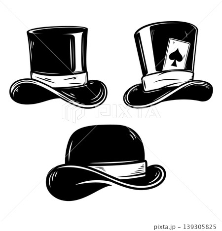 Set of monochrome illustrations of vintage hats. Design element for logo, emblem, sign. Vector illustration Set of monochrome illustrations of vintage hats. Design element for logo, emblem, sign. Vector illustration 139305825