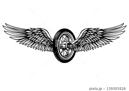Motorcycle wheel with wings isolated on white background. Design elements for logo, label, emblem,sign. Vector illustration Motorcycle wheel with wings isolated on white background. Design elements for logo, label, emblem,sign. Vector illustration 139305826