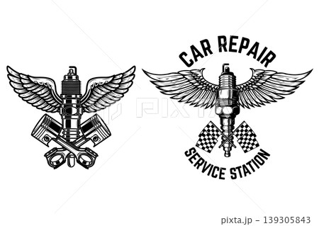Winged motorcycle spark plug. Design elements for logo, label, sign, menu. Vector illustration Winged motorcycle spark plug. Design elements for logo, label, sign, menu. Vector illustration 139305843