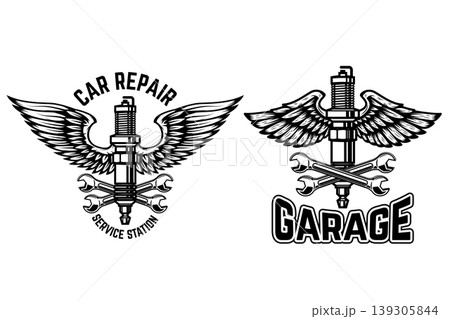Winged motorcycle spark plug. Design elements for logo, label, sign, menu. Vector illustration Winged motorcycle spark plug. Design elements for logo, label, sign, menu. Vector illustration 139305844