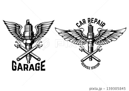 Winged motorcycle spark plug. Design elements for logo, label, sign, menu. Vector illustration Winged motorcycle spark plug. Design elements for logo, label, sign, menu. Vector illustration 139305845