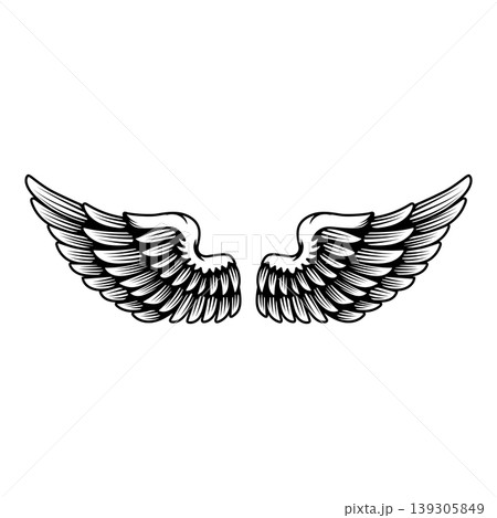 Wings in tattoo style isolated on white background. Design element for poster, t shit, card, emblem, sign, badge. Vector illustration 139305849