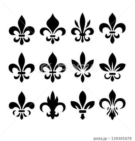A black and white vector set of twelve fleur-de-lis icons. This collection features various stylistic interpretations of the classic lily heraldic symbol on a white background. 139305878