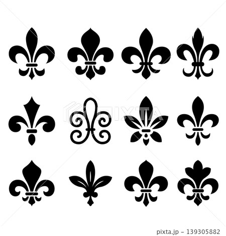 A black and white vector set of twelve fleur-de-lis icons. This collection features various stylistic interpretations of the classic lily heraldic symbol on a white background. 139305882
