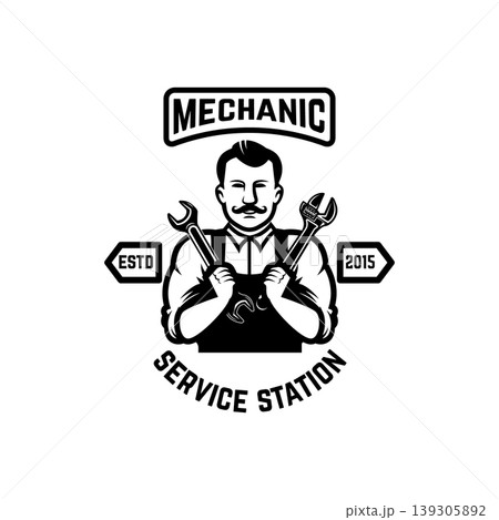 Service station, garage. Emblem template with mechanic. Design element for logo, emblem, sign. Vector illustration Service station, garage. Emblem template with mechanic. Design element for logo, emblem, sign. Vector illustration 139305892