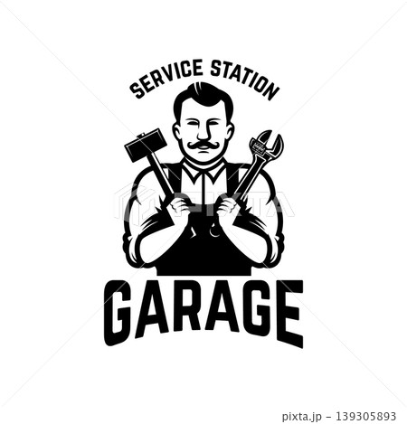 Service station, garage. Emblem template with mechanic. Design element for logo, emblem, sign. Vector illustration Service station, garage. Emblem template with mechanic. Design element for logo, emblem, sign. Vector illustration 139305893