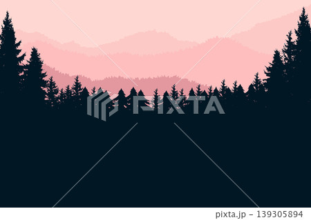 A serene landscape featuring layers of misty mountains under a soft pink sky. Dark silhouettes of pine forests create a striking contrast in the foreground. 139305894