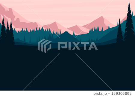 A serene landscape featuring layers of misty mountains under a soft pink sky. Dark silhouettes of pine forests create a striking contrast in the foreground. 139305895