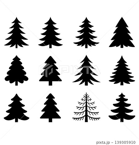 A black and white vector set of pine tree icons. This collection features various minimalist forest silhouettes for logo design, labels, signs, and branding elements. 139305910