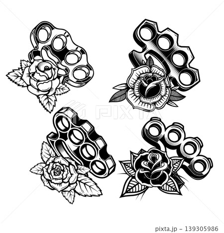A black and white vector set of four brass knuckles paired with stylized roses. This high-contrast collection features traditional tattoo-style art on a white background. A black and white vector set of four brass knuckles paired with stylized roses. This high-contrast collection features traditional tattoo-style art on a white background. 139305986