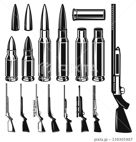 A black and white vector set featuring various rifles, shotguns, and multiple types of bullets and casings. A high-contrast technical collection for ballistics themes. 139305987