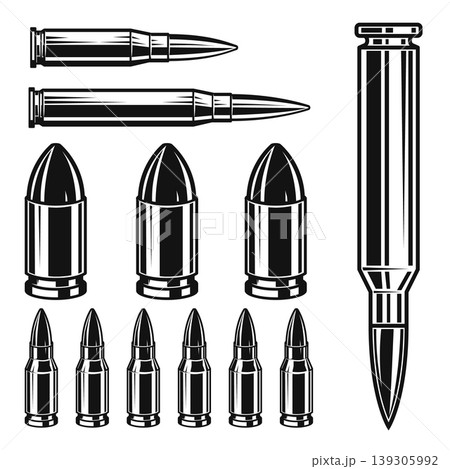 A black and white vector set featuring various types of bullets and cartridges. This high-contrast collection includes handgun rounds, rifle ammo, and individual shells. A black and white vector set featuring various types of bullets and cartridges. This high-contrast collection includes handgun rounds, rifle ammo, and individual shells. 139305992