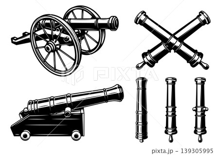 A black and white vector set featuring a field cannon on wheels, a fortress cannon, crossed artillery barrels, and individual gun tubes. Detailed historical weapon art. 139305995