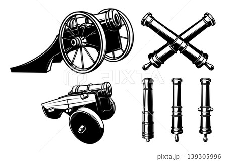 A black and white vector set featuring a field cannon on wheels, a fortress cannon, crossed artillery barrels, and individual gun tubes. Detailed historical weapon art. A black and white vector set featuring a field cannon on wheels, a fortress cannon, crossed artillery barrels, and individual gun tubes. Detailed historical weapon art. 139305996