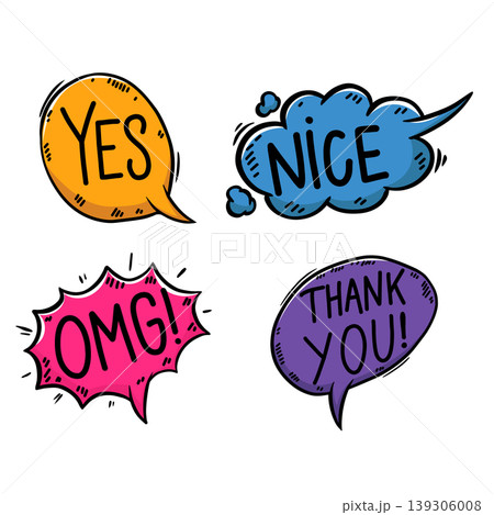 Set of bubble talk phrases. Hand drawn comic style talk phrases. Chat clouds comments. Vector illustration Set of bubble talk phrases. Hand drawn comic style talk phrases. Chat clouds comments. Vector illustration 139306008
