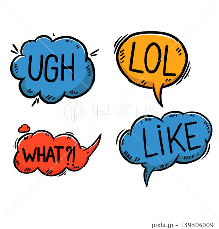 Set of bubble talk phrases. Hand drawn comic style talk phrases. Chat clouds comments. Vector illustration Set of bubble talk phrases. Hand drawn comic style talk phrases. Chat clouds comments. Vector illustration 139306009