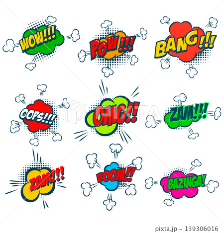 Set of bubble talk phrases. Comic style talk phrases. Chat clouds comments. Vector illustration Set of bubble talk phrases. Comic style talk phrases. Chat clouds comments. Vector illustration 139306016