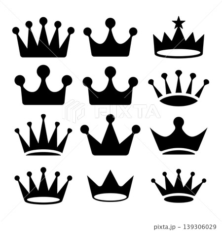 A black and white vector set of crown icons. This collection features various minimalist royal silhouettes for logo design, labels, signs, and branding elements. 139306029