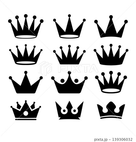 A black and white vector set of crown icons. This collection features various minimalist royal silhouettes for logo design, labels, signs, and branding elements. A black and white vector set of crown icons. This collection features various minimalist royal silhouettes for logo design, labels, signs, and branding elements. 139306032
