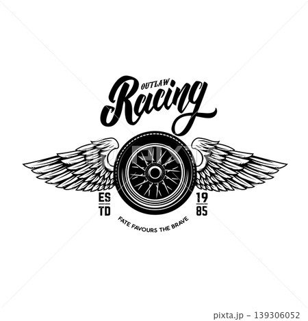A vintage motorcycle racing emblem featuring a spoked wheel with majestic spread wings, stylized "Outlaw Racing" script, and the motto "Fate Favours The Brave." 139306052