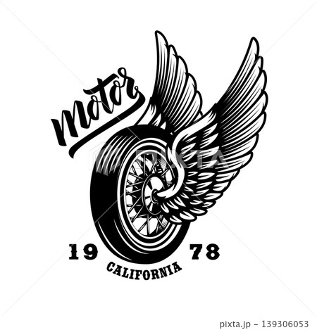 A vintage motorcycle emblem featuring a spoked wheel with large upward-swept wings. Includes "Motor" script, "California" text 139306053