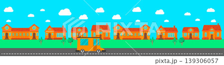 City street with houses, trees, transport in flat style. Flat composition of a city streets . Vector illustration 139306057