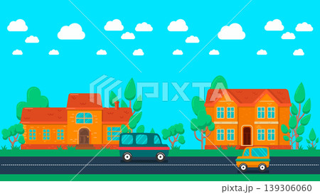 City street with houses, trees, transport in flat style. Flat composition of a city streets . Vector illustration City street with houses, trees, transport in flat style. Flat composition of a city streets . Vector illustration 139306060