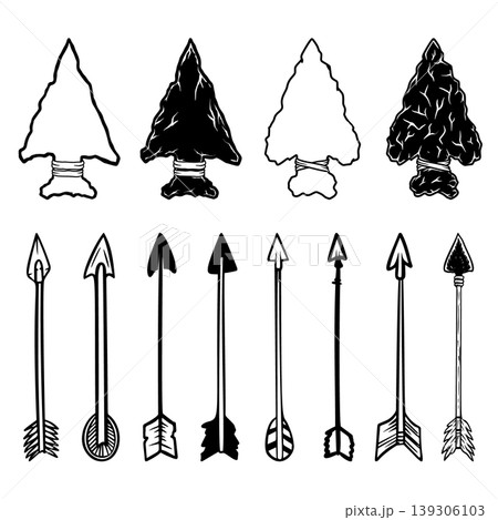 A black and white vector set of primitive stone arrowheads and traditional feathered arrows. High-contrast, hand-drawn style graphics isolated on a white background. 139306103
