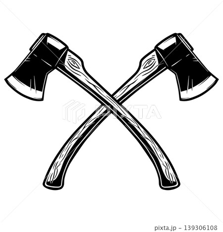 A black and white vector illustration of two crossed hatchets. This detailed, vintage-style woodcutting tool silhouette is ideal for carpentry and outdoor adventure logos. 139306108