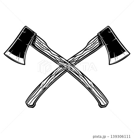 A black and white vector illustration of two crossed hatchets. This detailed, vintage-style woodcutting tool silhouette is ideal for carpentry and outdoor adventure logos. 139306111