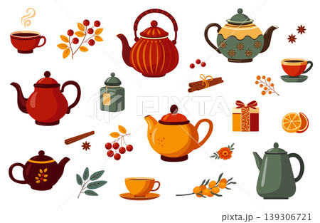 Autumn tea herb set. Vector illustration of tea party elements, teapot, teacup, spices, berries Autumn tea herb set. Vector illustration of tea party elements, teapot, teacup, spices, berries 139306721