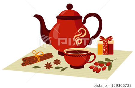 Teapot, cup, berries, cinnamon and herbs. Autumn hot tea. Home comfort. Teapot, cup, berries, cinnamon and herbs. Autumn hot tea. Home comfort. 139306722