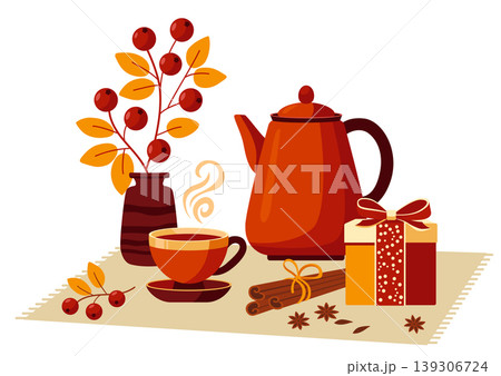 Teapot, cup, berries, cinnamon and herbs. Autumn hot tea. Home comfort. Teapot, cup, berries, cinnamon and herbs. Autumn hot tea. Home comfort. 139306724