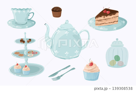 Vector seamless pattern with teapots, mugs and pastries. Cozy tea set. Tea time Vector seamless pattern with teapots, mugs and pastries. Cozy tea set. Tea time 139308538