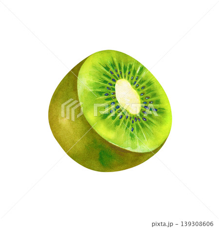 Botanical watercolor painting with a single kiwi fruit cut in half. This hand-painted element is isolated on a white background, making it suitable for high-end culinary branding, organic product 139308606