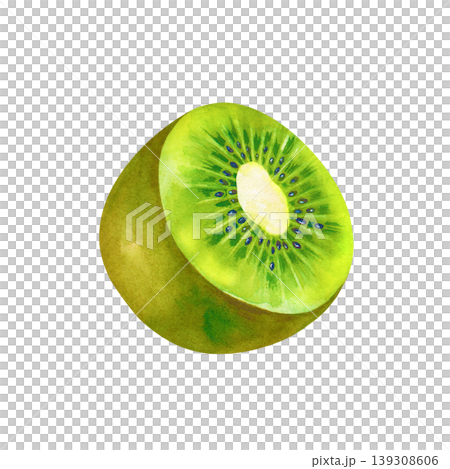Botanical watercolor painting with a single kiwi fruit cut in half. This hand-painted element is isolated on a white background, making it suitable for high-end culinary branding, organic product 139308606