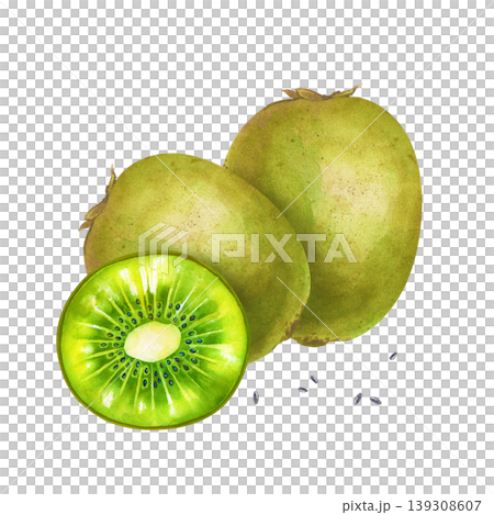 Botanical watercolor illustration with a group of whole kiwi fruits and a vibrant cross-section slice. The composition is isolated on a white background, ideal for organic food packaging, juice labels Botanical watercolor illustration with a group of whole kiwi fruits and a vibrant cross-section slice. The composition is isolated on a white background, ideal for organic food packaging, juice labels 139308607